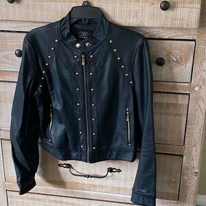 EUC Black Military Style Jacket with Gold Zipper and Rivets, Size L